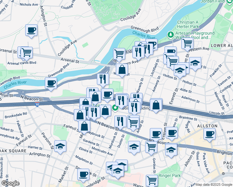 map of restaurants, bars, coffee shops, grocery stores, and more near 50 Lincoln Street in Boston