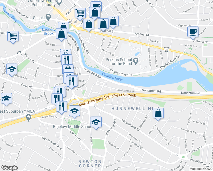 map of restaurants, bars, coffee shops, grocery stores, and more near 76 Charlesbank Road in Newton