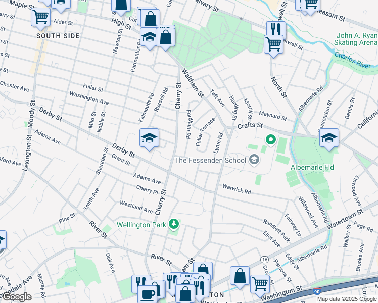 map of restaurants, bars, coffee shops, grocery stores, and more near 124 Fordham Road in Newton