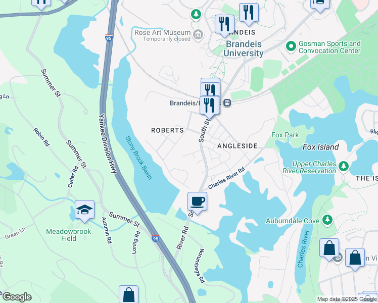 map of restaurants, bars, coffee shops, grocery stores, and more near 30 Banford Way in Waltham
