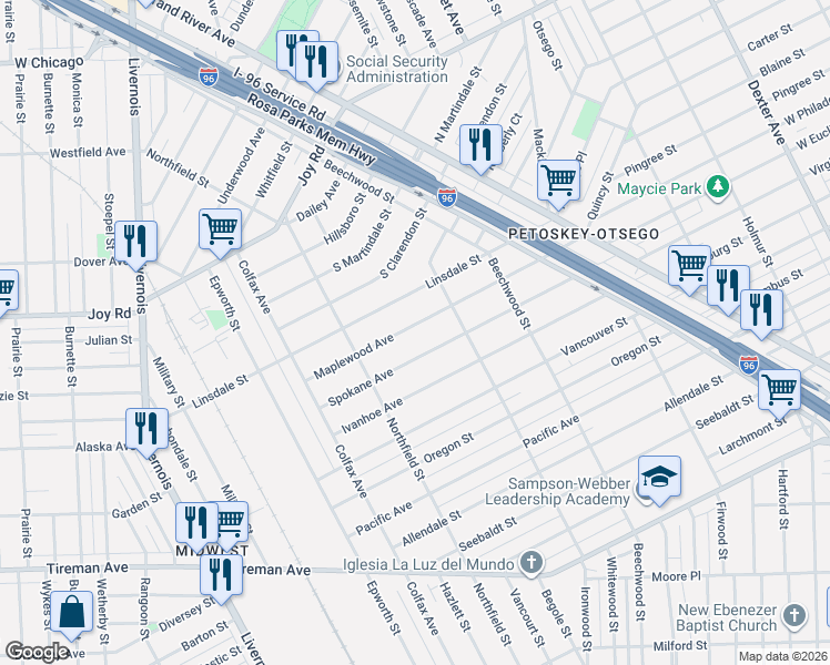 map of restaurants, bars, coffee shops, grocery stores, and more near 5287 Maplewood Avenue in Detroit