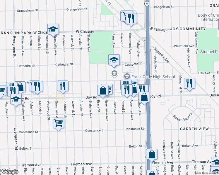 map of restaurants, bars, coffee shops, grocery stores, and more near 8845 Faust Avenue in Detroit