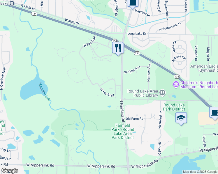 map of restaurants, bars, coffee shops, grocery stores, and more near 1265 Oriole Court in Round Lake