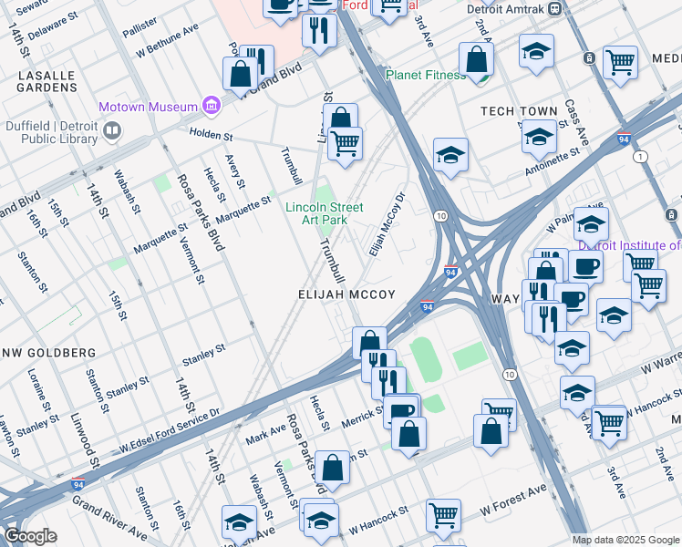 map of restaurants, bars, coffee shops, grocery stores, and more near 5718 Trumbull in Detroit