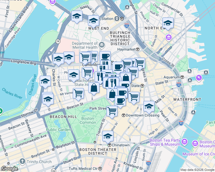 map of restaurants, bars, coffee shops, grocery stores, and more near 142-144 Bowdoin Street in Boston