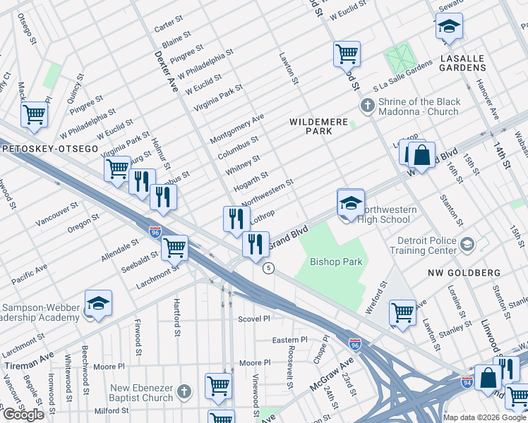 map of restaurants, bars, coffee shops, grocery stores, and more near 7411 Dexter Avenue in Detroit