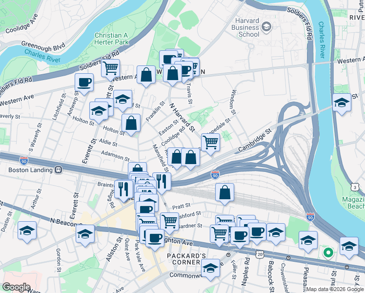 map of restaurants, bars, coffee shops, grocery stores, and more near in Boston