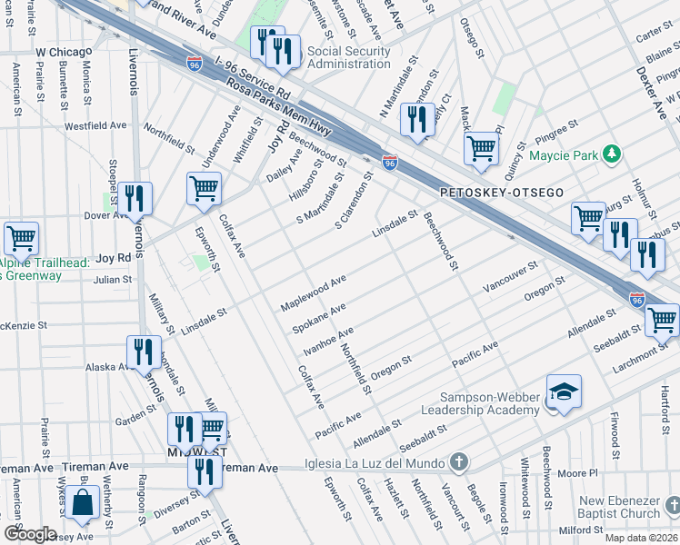 map of restaurants, bars, coffee shops, grocery stores, and more near 5340 Maplewood Avenue in Detroit