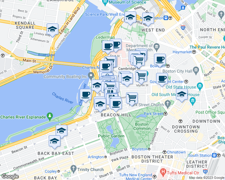 map of restaurants, bars, coffee shops, grocery stores, and more near Pinckney St & W Cedar St in Boston
