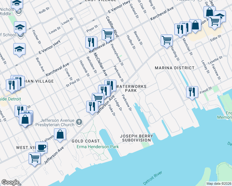 map of restaurants, bars, coffee shops, grocery stores, and more near E Jefferson Ave & McClellan St in Detroit