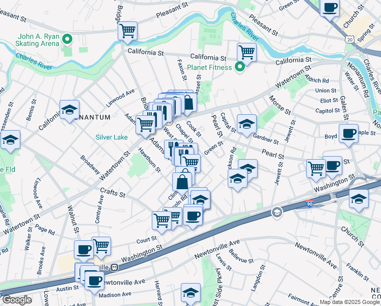 map of restaurants, bars, coffee shops, grocery stores, and more near 79 West Street in Newton