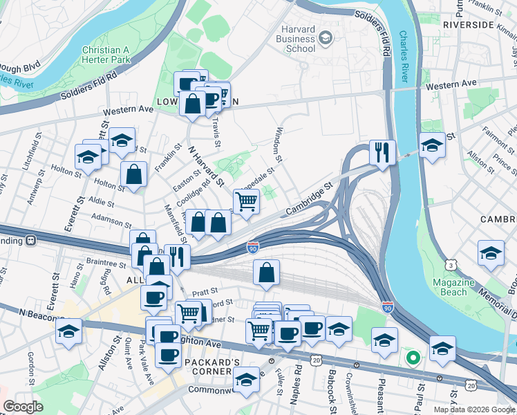 map of restaurants, bars, coffee shops, grocery stores, and more near 197 Cambridge Street in Boston