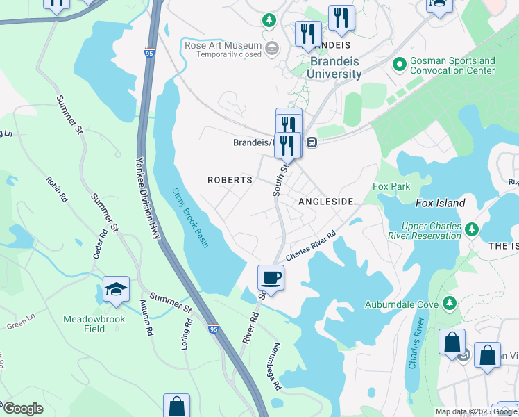 map of restaurants, bars, coffee shops, grocery stores, and more near 30 Banford Way in Waltham