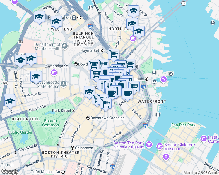 map of restaurants, bars, coffee shops, grocery stores, and more near 25 State Street in Boston