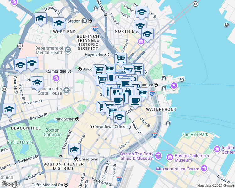 map of restaurants, bars, coffee shops, grocery stores, and more near 1 Devonshire Street in Boston