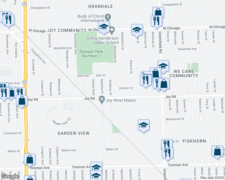 map of restaurants, bars, coffee shops, grocery stores, and more near 8852 Saint Marys Street in Detroit