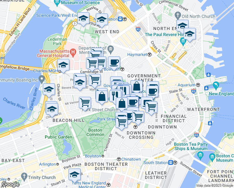 map of restaurants, bars, coffee shops, grocery stores, and more near 142-144 Bowdoin Street in Boston