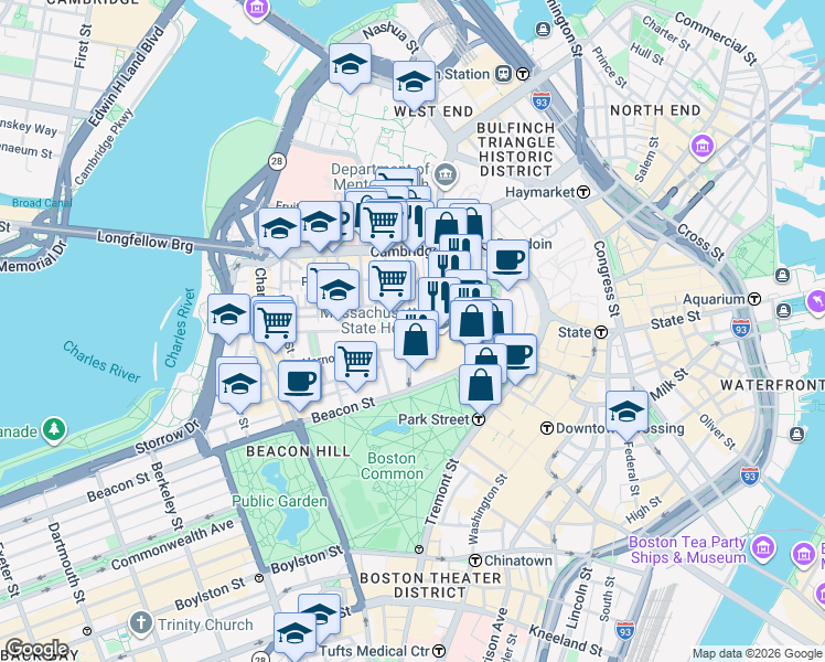 map of restaurants, bars, coffee shops, grocery stores, and more near 15 Joy Street in Boston