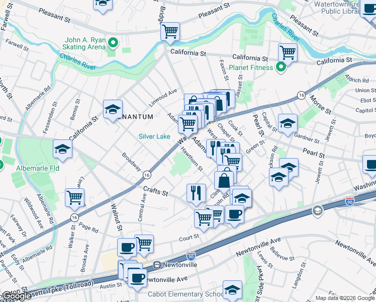 map of restaurants, bars, coffee shops, grocery stores, and more near 38 Hawthorn Street in Newton