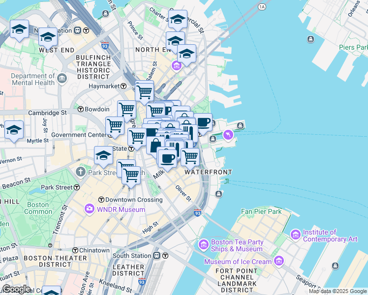 map of restaurants, bars, coffee shops, grocery stores, and more near 40 Broad Street in Boston