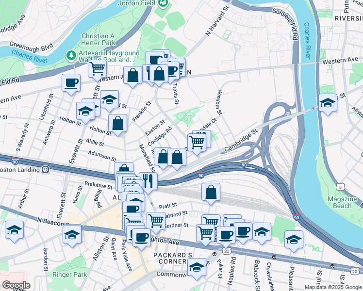 map of restaurants, bars, coffee shops, grocery stores, and more near 40 Hooker Street in Boston