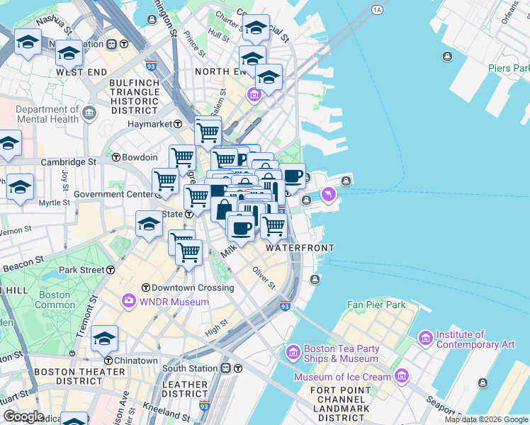 map of restaurants, bars, coffee shops, grocery stores, and more near 40 Broad Street in Boston