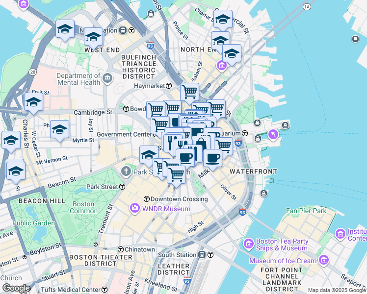 map of restaurants, bars, coffee shops, grocery stores, and more near 48 State Street in Boston