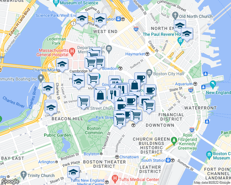 map of restaurants, bars, coffee shops, grocery stores, and more near 142-144 Bowdoin Street in Boston