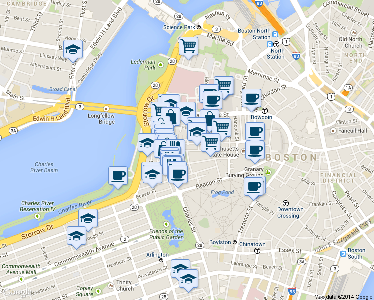 map of restaurants, bars, coffee shops, grocery stores, and more near 9 Louisburg Square in Boston