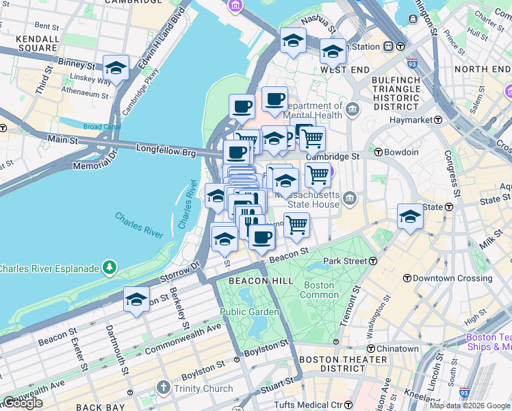 map of restaurants, bars, coffee shops, grocery stores, and more near in Boston