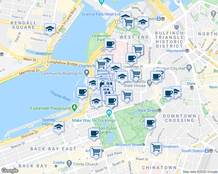 map of restaurants, bars, coffee shops, grocery stores, and more near 121 Pinckney Street in Boston