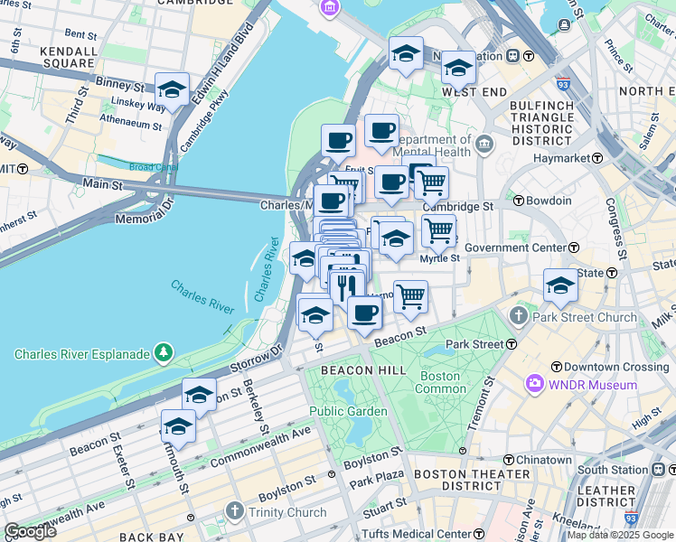 map of restaurants, bars, coffee shops, grocery stores, and more near 121 Pinckney Street in Boston