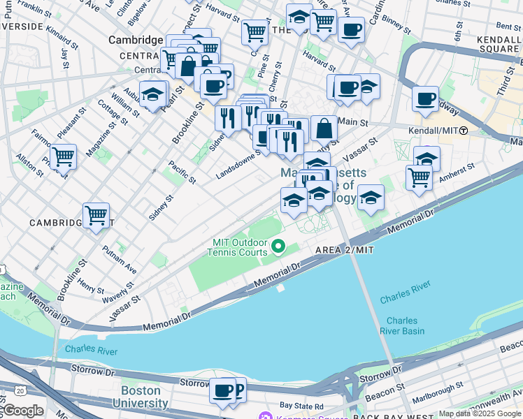map of restaurants, bars, coffee shops, grocery stores, and more near 169 Vassar Street in Cambridge