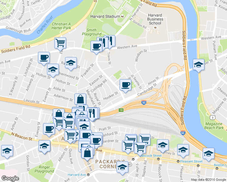 map of restaurants, bars, coffee shops, grocery stores, and more near 40 Hooker Street in Boston