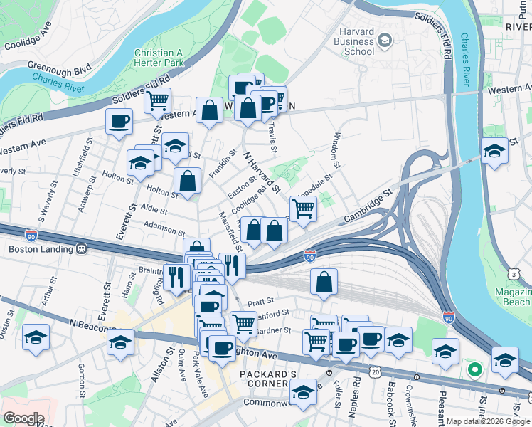 map of restaurants, bars, coffee shops, grocery stores, and more near in Boston