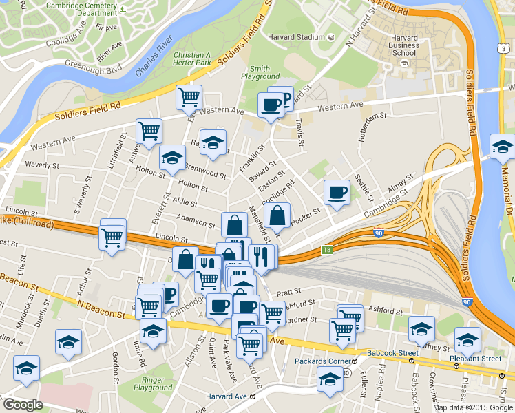 map of restaurants, bars, coffee shops, grocery stores, and more near 38 Mansfield Street in Boston
