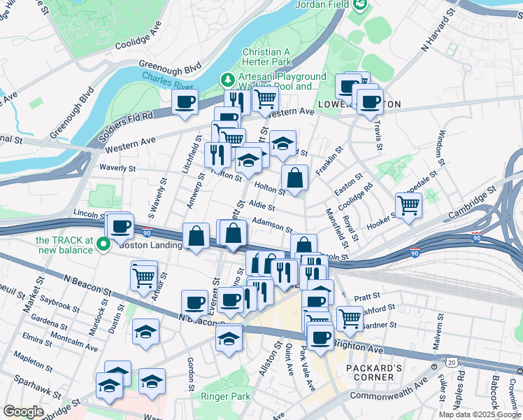 map of restaurants, bars, coffee shops, grocery stores, and more near 16 Adamson Street in Boston