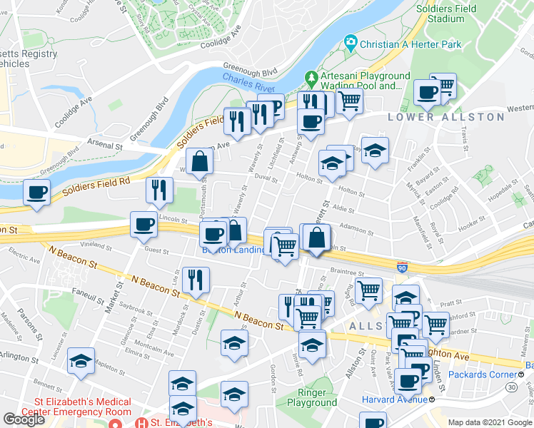 map of restaurants, bars, coffee shops, grocery stores, and more near 7 Antwerp Street in Boston