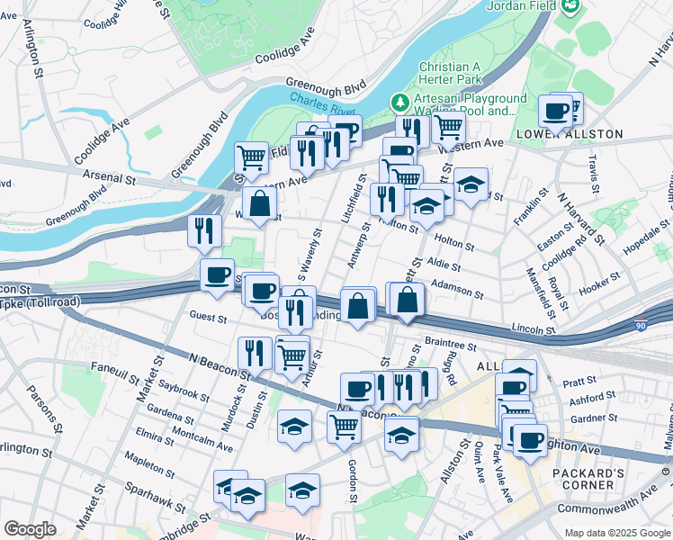 map of restaurants, bars, coffee shops, grocery stores, and more near 7 Antwerp Street in Boston