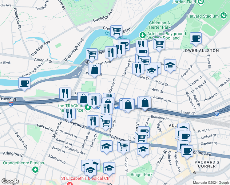 map of restaurants, bars, coffee shops, grocery stores, and more near 6 Litchfield Street in Boston