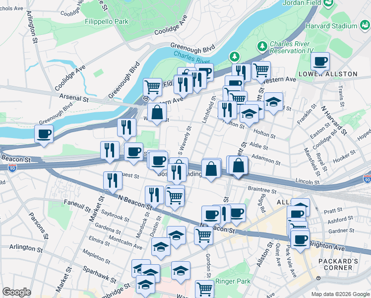 map of restaurants, bars, coffee shops, grocery stores, and more near 6 Litchfield Street in Boston