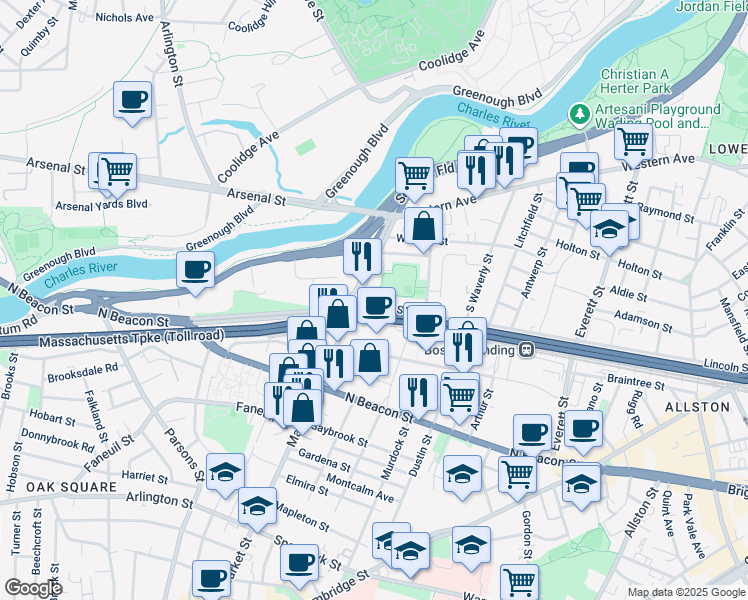 map of restaurants, bars, coffee shops, grocery stores, and more near 100 Leo M Birmingham Parkway in Boston