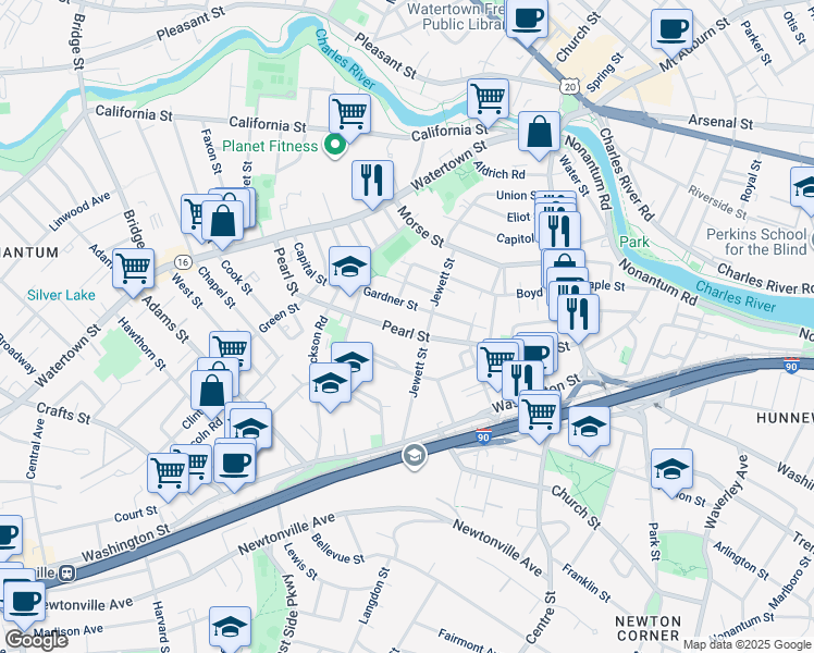 map of restaurants, bars, coffee shops, grocery stores, and more near 134 Pearl Street in Newton