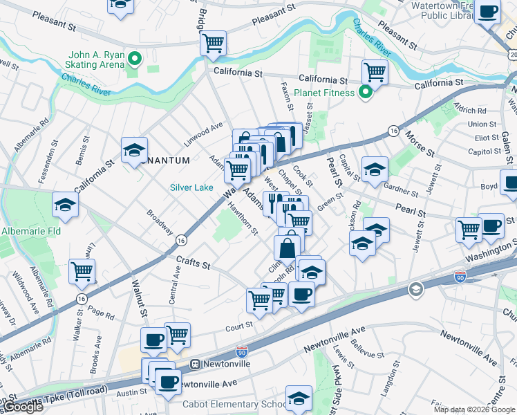 map of restaurants, bars, coffee shops, grocery stores, and more near 7 Quirk Court in Newton