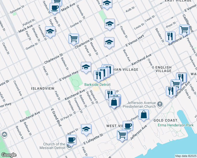 map of restaurants, bars, coffee shops, grocery stores, and more near 8016 Kercheval Avenue in Detroit