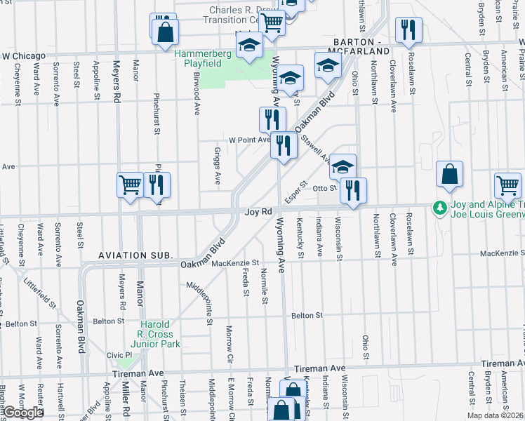 map of restaurants, bars, coffee shops, grocery stores, and more near 10025 Joy Road in Detroit