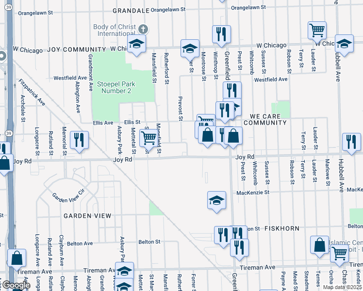 map of restaurants, bars, coffee shops, grocery stores, and more near 15860 Joy Road in Detroit