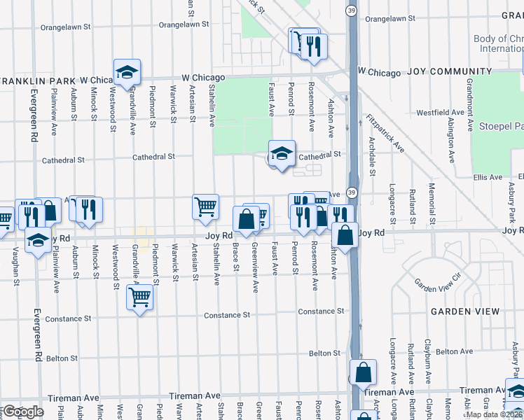 map of restaurants, bars, coffee shops, grocery stores, and more near 8845 Faust Avenue in Detroit