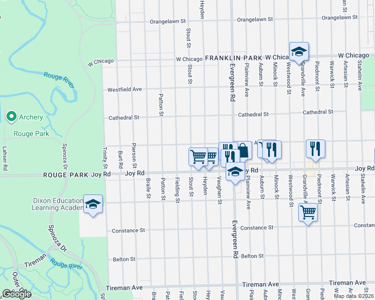 map of restaurants, bars, coffee shops, grocery stores, and more near 8862 Stout Street in Detroit