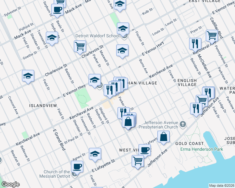 map of restaurants, bars, coffee shops, grocery stores, and more near Kercheval Street & Parker Street in Detroit